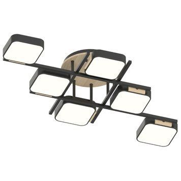 Стельова LED люстра 108W Interees у стилі модерн 3000K/4200K/6000K чорна IP20 XI3358-6 BK+WOOD XI3358-6 BK+WOOD фото