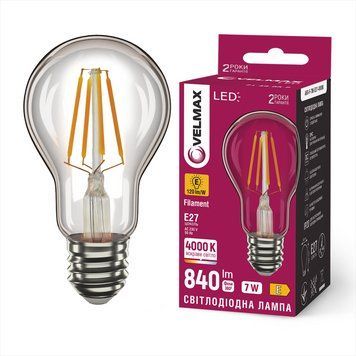 Світлодіодна лампа 7W Velmax форма груша А60 з цоколем Е27 4000K прозора колба Filament V-F-A60-740 21-40-20 фото