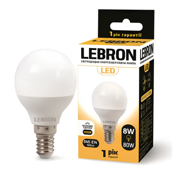 Світлодіодна лампа 8W Lebron форма кулька G45 Е14 4100K 700Lm білий IP20 L-G45 11-12-28 фото