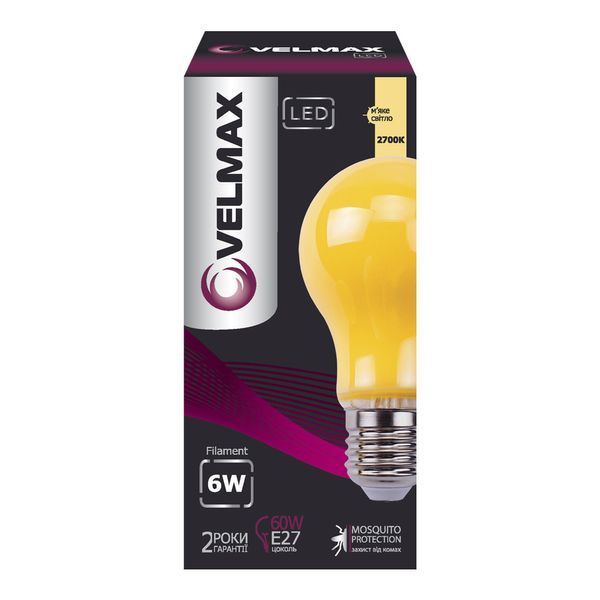 Светодиодная лампа 6W антимоскитная VELMAX форма груша A60 E27 2700K IP20 V-Filament-A60 Mosquito 21-40-93 фото