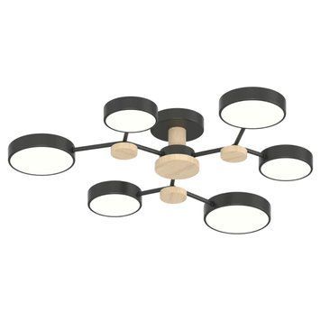 Стельова LED люстра 90W Interees з акриловими плафонами 3000K/4200K/6000K чорна IP20 XI3313-6 BK+WOOD XI3313-6 BK+WOOD фото