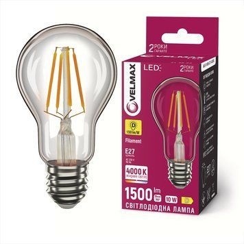 Світлодіодна лампа 10W Velmax форма груша А60 з цоколем Е27 4000K прозора колба Filament V-F-A60-1040 21-40-23 фото