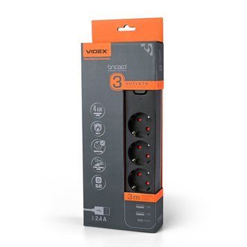 Мережевий подовжувач 3м з USB-портами VIDEX на 3 розетки 16A 250V із заземленням чорний VF-PD33G2U1C-B VF-PD33G2U1C-B фото