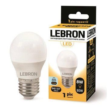 Світлодіодна лампа 8W Lebron форма м'яча G45 E27 6500K 700Lm біла IP20 L-G45 11-12-59 фото