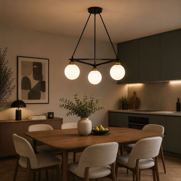 Люстра подвесная MSK Electric Luna на три стеклянных плафона шара под лампы Е27 PL 102026-3 BK 623209 фото