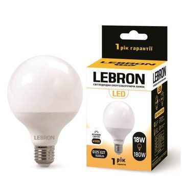 Світлодіодна лампа 18W Lebron форма куля G125 Е27 4100K 1530Lm біла IP20 L-G125 11-15-58 фото