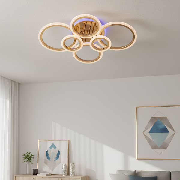Стельова LED люстра з пультом 112W+18W акрилові кільця і контурне підсвічування 3000&ndash;6500K золотиста Svet SY-26255/2+2+2C FGD SY-26255/2+2+2C FGD фото