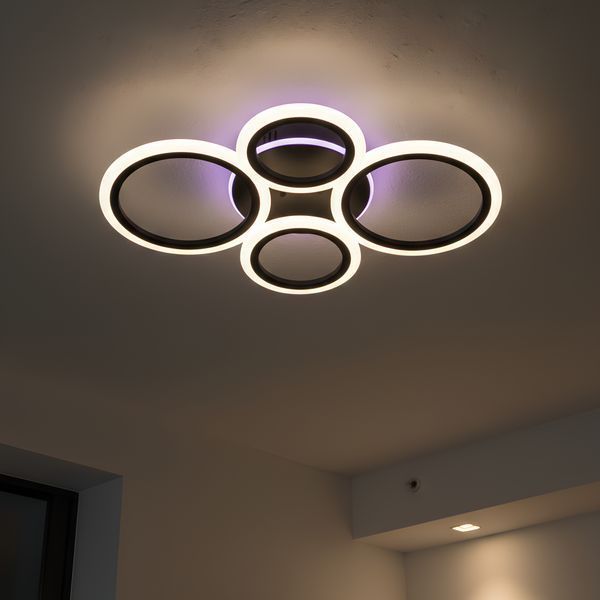 Світлодіодна стельова люстра 4 акрилових кільця 60W+14W з led підсвічуванням і пультом 3000&ndash;6500K чорна Svet SY-26255/2+2C MB SY-26255/2+2C MB фото