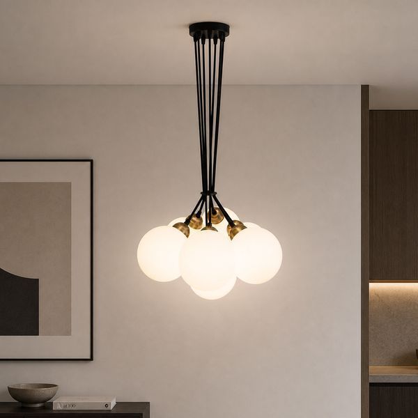 Люстра подвесная MSK Electric Luna светильник на семь плафонов шаров Е27 d-150mm PL 202612-7R BK 622746 фото