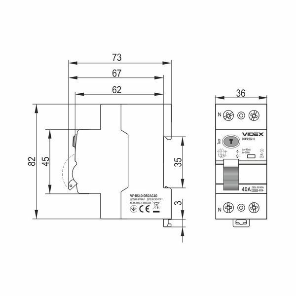 Дифференциальный автомат 40A VIDEX 2-полюсный 230V RESIST VF-RS10-DR2АС40 VF-RS10-DR2АС40 фото