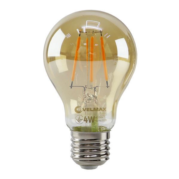 Филаментная LED лампа 4W VELMAX форма груша A60 E27 2200K 400Lm V-Filament-Amber-A60 21-40-15 фото