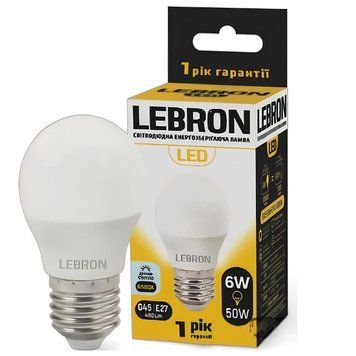 Світлодіодна лампа 6W Lebron кулька E27 G45 6500K 480Lm біла IP20 L-G45 11-12-51 фото