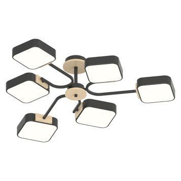 Стельова LED люстра 108W Interees на шість плафонів 3000K/4200K/6000K чорна IP20 XI3348-6 BK+WOOD XI3348-6 BK+WOOD фото