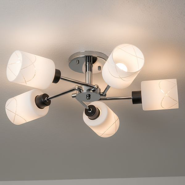 Люстра потолочная с пятью белыми плафонами цилиндрической формы под лампу Е27 хромово-черный каркас Svet SH-8629/5 CR+BK SH-8629/5 CR+BK фото
