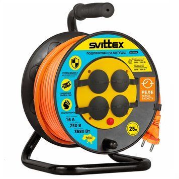 Подовжувач на котушці з термозахистом та захистом IP44, 25м, 2х1,5 мм&sup2; SVITTEX SV-004-O-IP44 фото