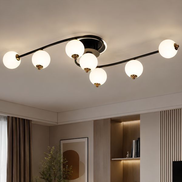 Потолочная LED люстра на пульте 118W с 7 белыми стеклянными шарами 3000-6500K черно-золотой каркас Svet SY-77232/7T BK+FGD SY-77232/7T BK+FGD фото