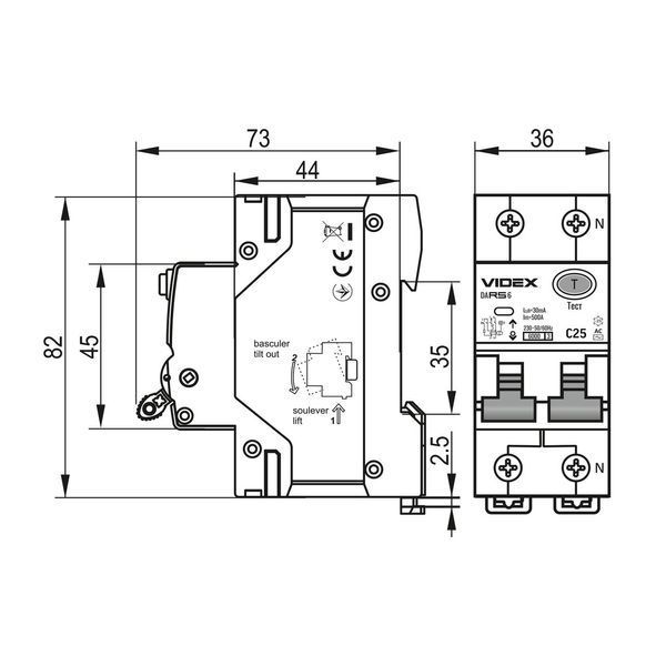 Диференційний автомат 25A VIDEX 2-полюсний 230V RESIST VF-RS6-DA2AC25 VF-RS6-DA2AC25 фото