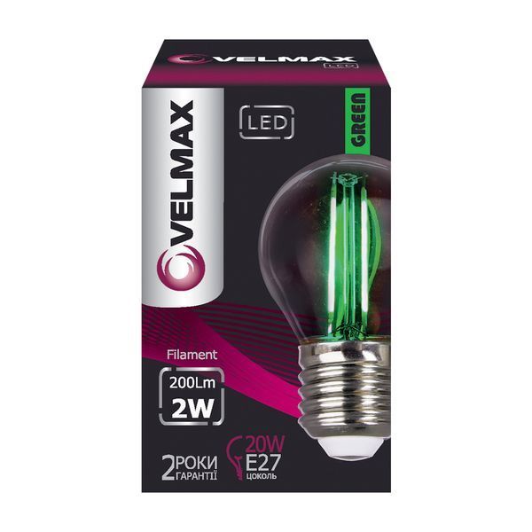 Філаментна LED лампа 2W VELMAX форма кулька G45 E27 200Lm зелена V-Filament-G45 21-41-33 фото