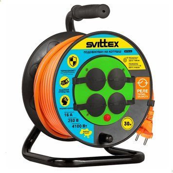 Подовжувач на котушці з термозахистом та захистом IP44, 30м, 2х2,5 мм&sup2; SVITTEX SV-019-O-IP44 фото