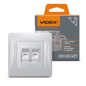 Вбудована комп'ютерна розетка CAT6 VIDEX подвійна з полікарбонату колір срібний шовк BINERA VF-BNSK2PC6-SS VF-BNSK2PC6-SS фото