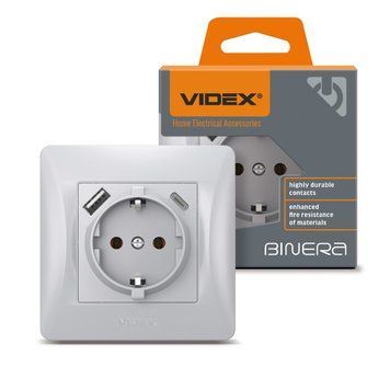 Встраиваемая розетка VIDEX с заземлением и USB-разъемами 16A 250V цвет серебряный шелк IP20 BINERA VF-BNSK1GUC-SS VF-BNSK1GUC-SS фото