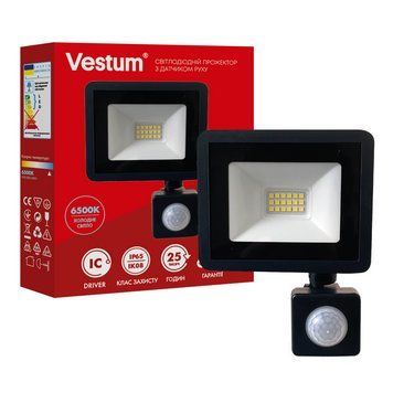 Світлодіодний прожектор 10W Vestum з датчиком руху 6500K вологозахищений чорний IP65 1-VS-3019 фото