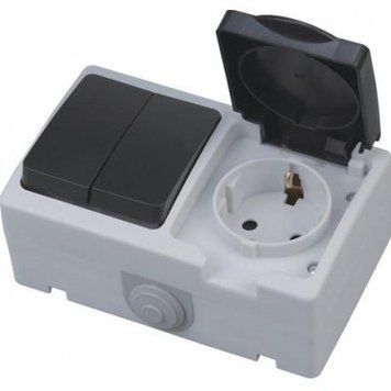Розетка накладна із заземленням Horoz Electric ATOM з кришкою + вимикач двоклавішний IP54 112-100-0005-010 фото