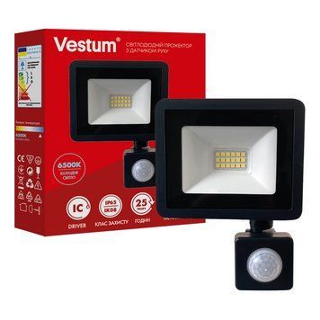 Світлодіодний прожектор 20W з датчиком руху Vestum вологозахищений 6500K чорний IP65 1-VS-3020 фото