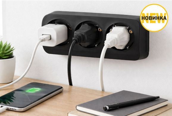Тройная накладная розетка&nbsp;Horoz Electric без заземления&nbsp;с корпусом 16А из термостойкого пластика черная IP20&nbsp;EVA 112-012-0001-020 фото