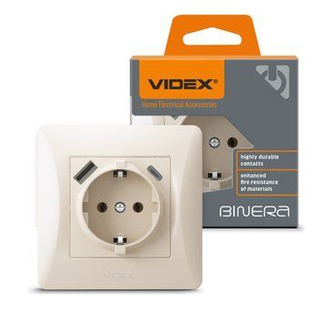 Одинарная розетка с USB-зарядкой VIDEX BINERA встраиваемая с заземлением 16A 250V кремовая VF-BNSK1GUC-CR VF-BNSK1GUC-CR фото