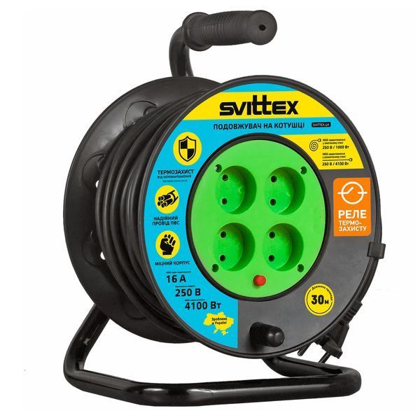 Подовжувач на котушці з термозахистом 30м, 2х2,5 мм&sup2; чорний кабель SVITTEX SV-019-В фото