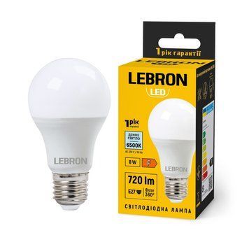 Світлодіодна лампа 8W Lebron форма груша А60 з цоколем Е27 6500K біла колба L-A60-82765 11-11-19 фото