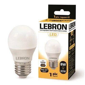 Світлодіодна лампа 8W Lebron форма кулька G45 Е27 4100K 700Lm біла IP20 L-G45 11-12-58 фото