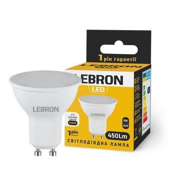 Світлодіодна лампа 5W LEBRON з цоколем GU10 4100K нейтральне світло 450Lm 220V біла IP20 L-MR16 11-14-42 фото