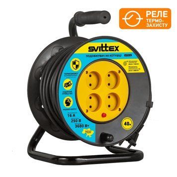 Подовжувач на котушці з термозахистом 40м, 2х1,5 мм&sup2; чорний кабель SVITTEX SV-006-В фото