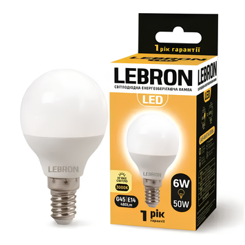 Світлодіодна лампа 6W Lebron форма кулька G45 Е14 3000K 480Lm біла IP20 L-G45 11-12-19 фото