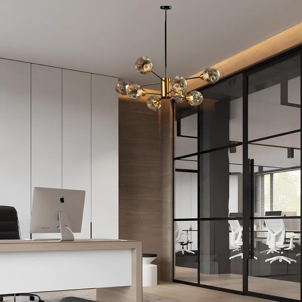 Люстра подвесная на штанге в стиле Loft с 8 круглыми медовыми плафонами под лампу Е27 Svet SN-2011-8 BK+DGD SN-2011-8 BK+DGD фото
