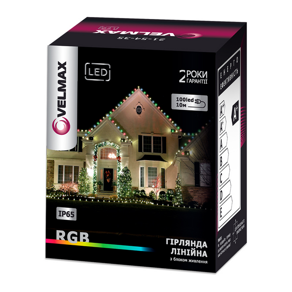 Вулична LED гірлянда VELMAX 10м 100LED зі світлом RGB чорна IP65 V-SSL 21-54-15 фото