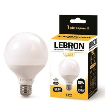 Светодиодная лампа 15W Lebron форма шар G95 Е27 4100K 1350Lm белая IP20 L-G95 11-15-54 фото